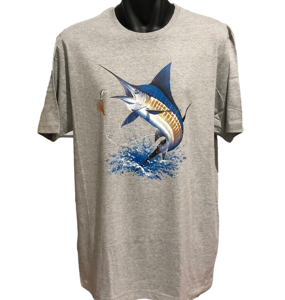 Blue Marlin Fishing T-Shirt (Marle Grey, Regular and Big Sizes