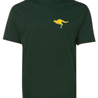 Flying Kangaroo Left Chest Logo T-Shirt (Bottle Green, Golden Yellow Print)