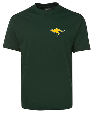 Flying Kangaroo Left Chest Logo T-Shirt (Bottle Green, Golden Yellow Print)