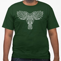 Celtic Owl Large Front Print T-Shirt (Bottle Green, White Print)