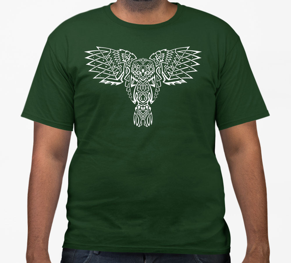 Celtic Owl Large Front Print T-Shirt (Bottle Green, White Print)