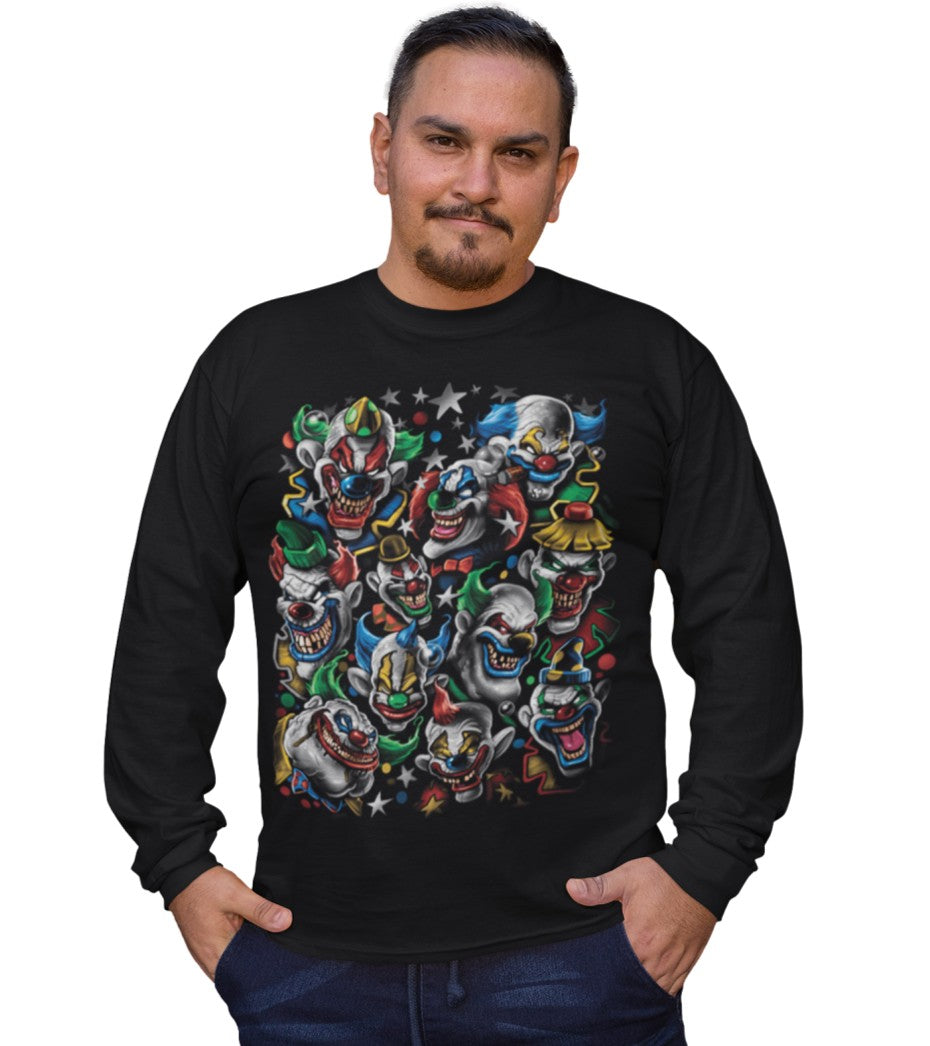 Colourful Evil Clowns Longsleeve T-Shirt (Black, Regular and Big Sizes)