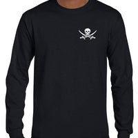 Skull & Crossed Swords Left Chest Pirate Logo Longsleeve T-Shirt (Black Tee with White Print)