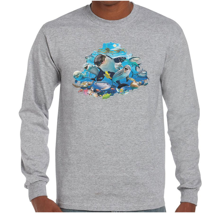 Orcas, dolphins, sharks, turtles and tropical fish smiling in a print on a longsleeve grey t-shirt.