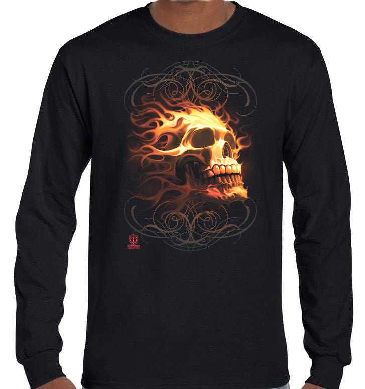 Fire Skull Longsleeve T-Shirt (Black, Regular and Big Sizes)