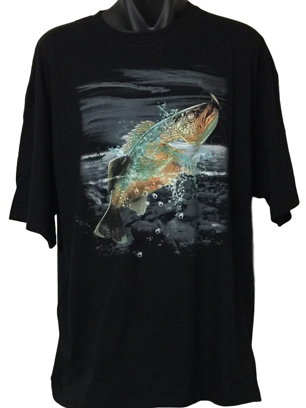 Walleye Wilderness Fishing T-Shirt (Black, Regular and Big Sizes)